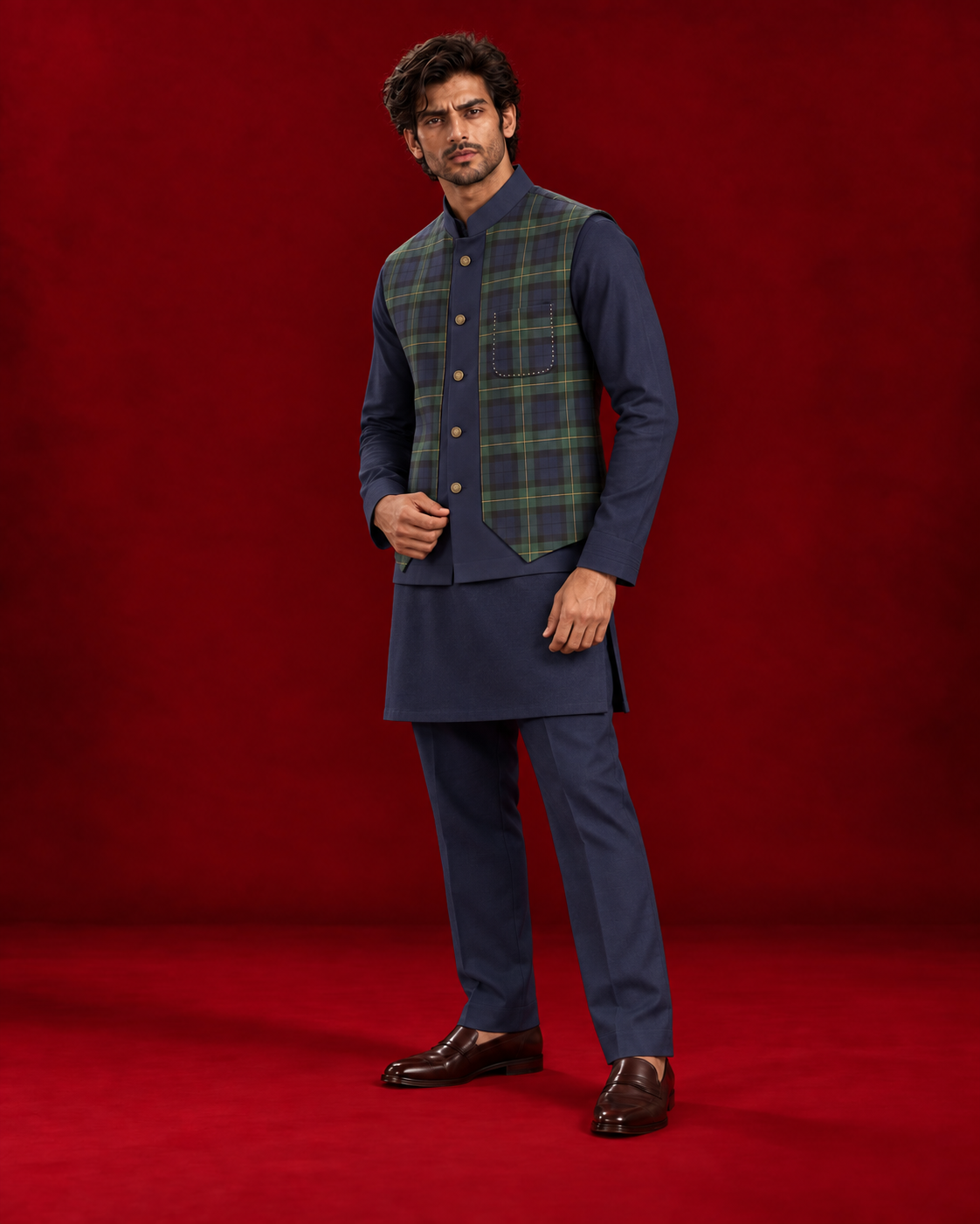 Green and navy plaid bandi