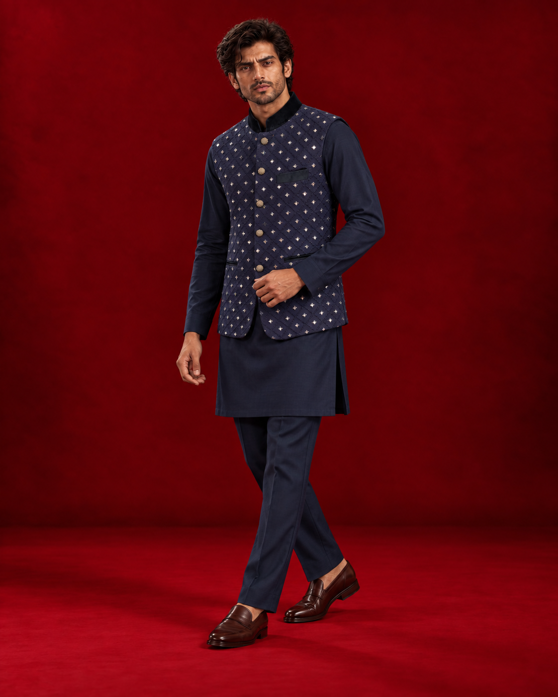 Navy bandi with repeating metallic motifs