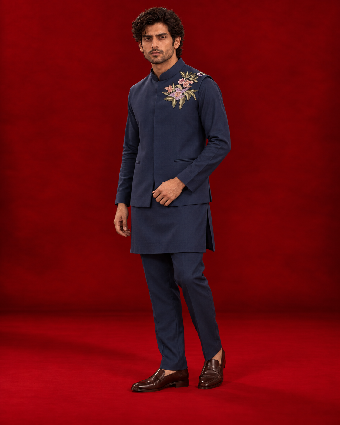 Navy bandi with floral shoulder detailing