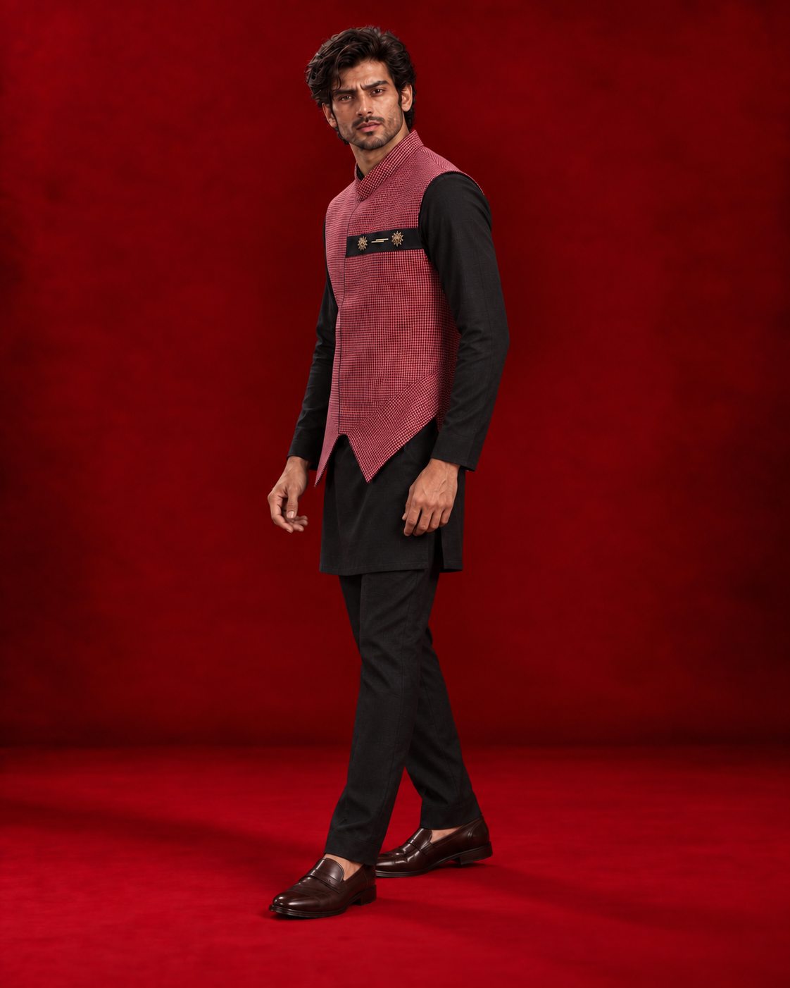 Red micro-check bandi over black