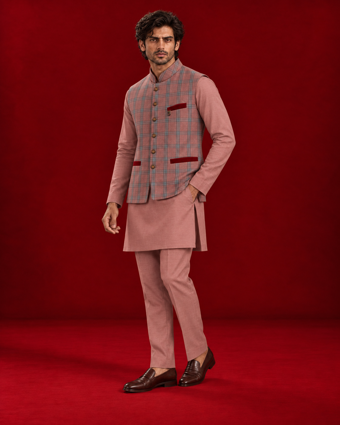 Rose checked bandi with burgundy pocket trims