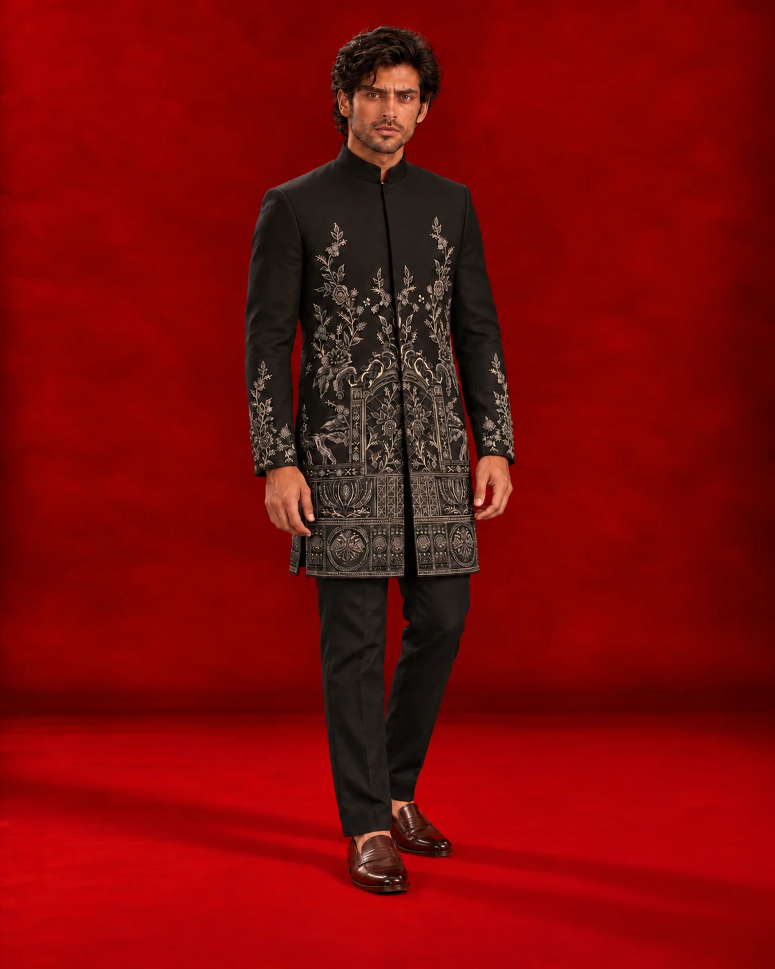 Black Indo-Western jacket with branching botanical detailing