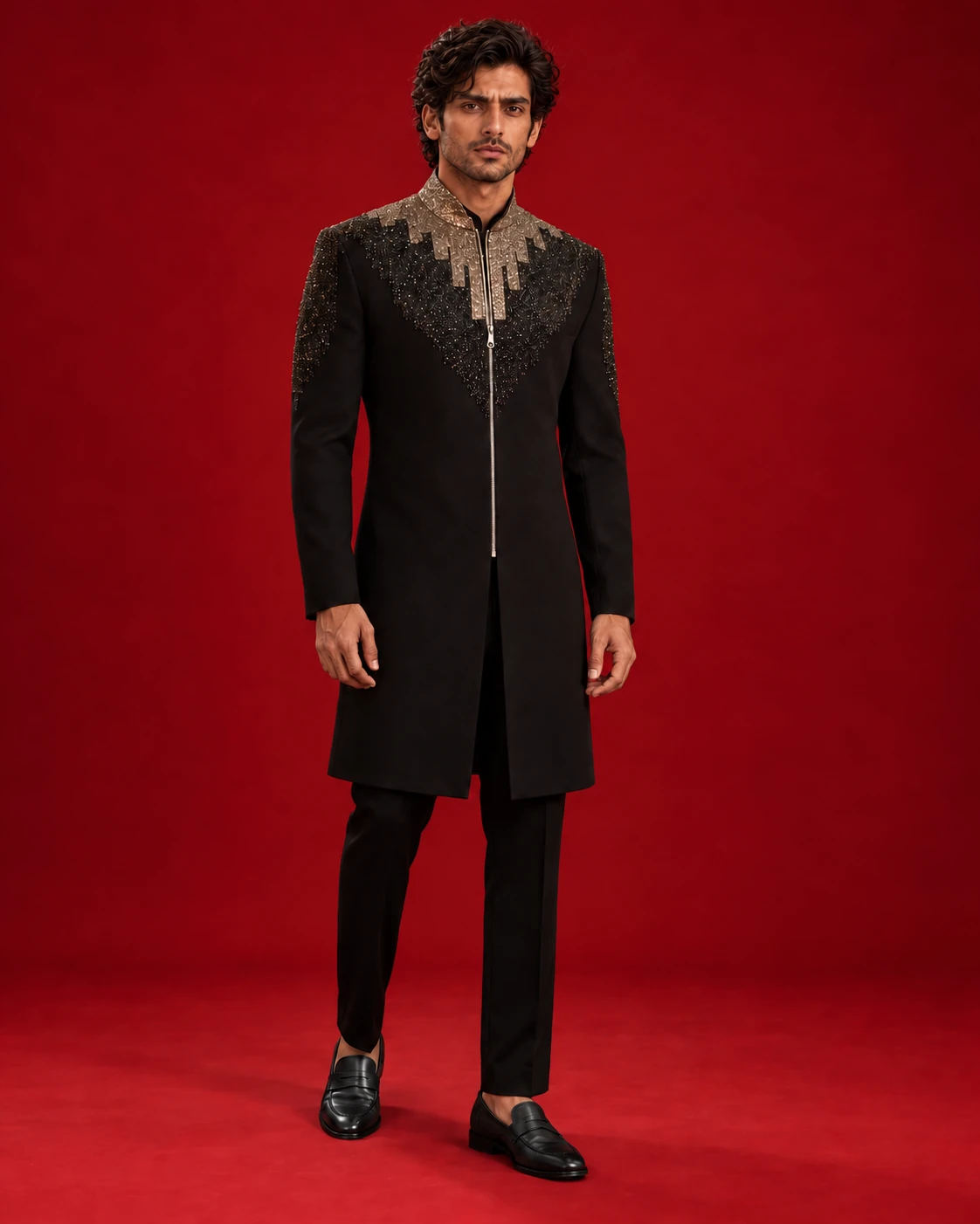 Black Indo-Western ensemble with gold-toned neckline embellishment