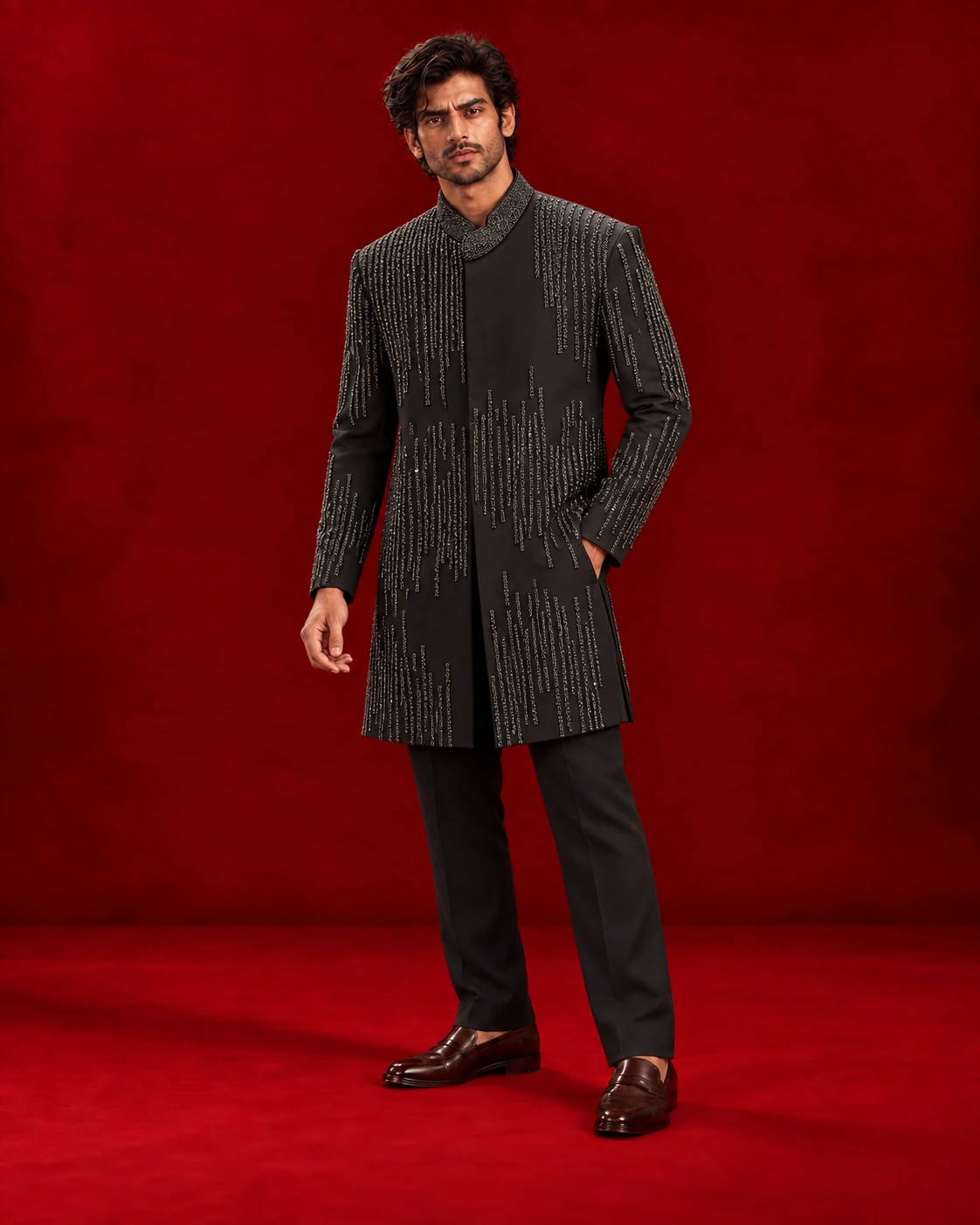 Black Indo-Western ensemble with fine vertical detailing