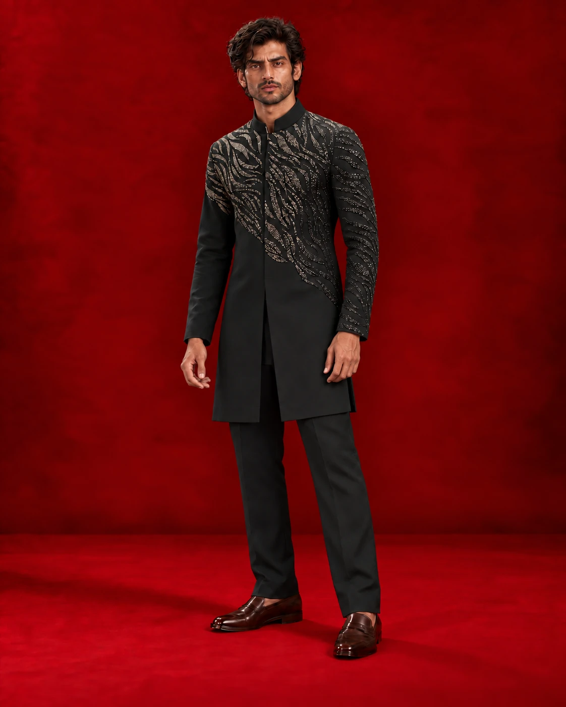 Black Indo-Western ensemble with radiating metallic-toned chest details
