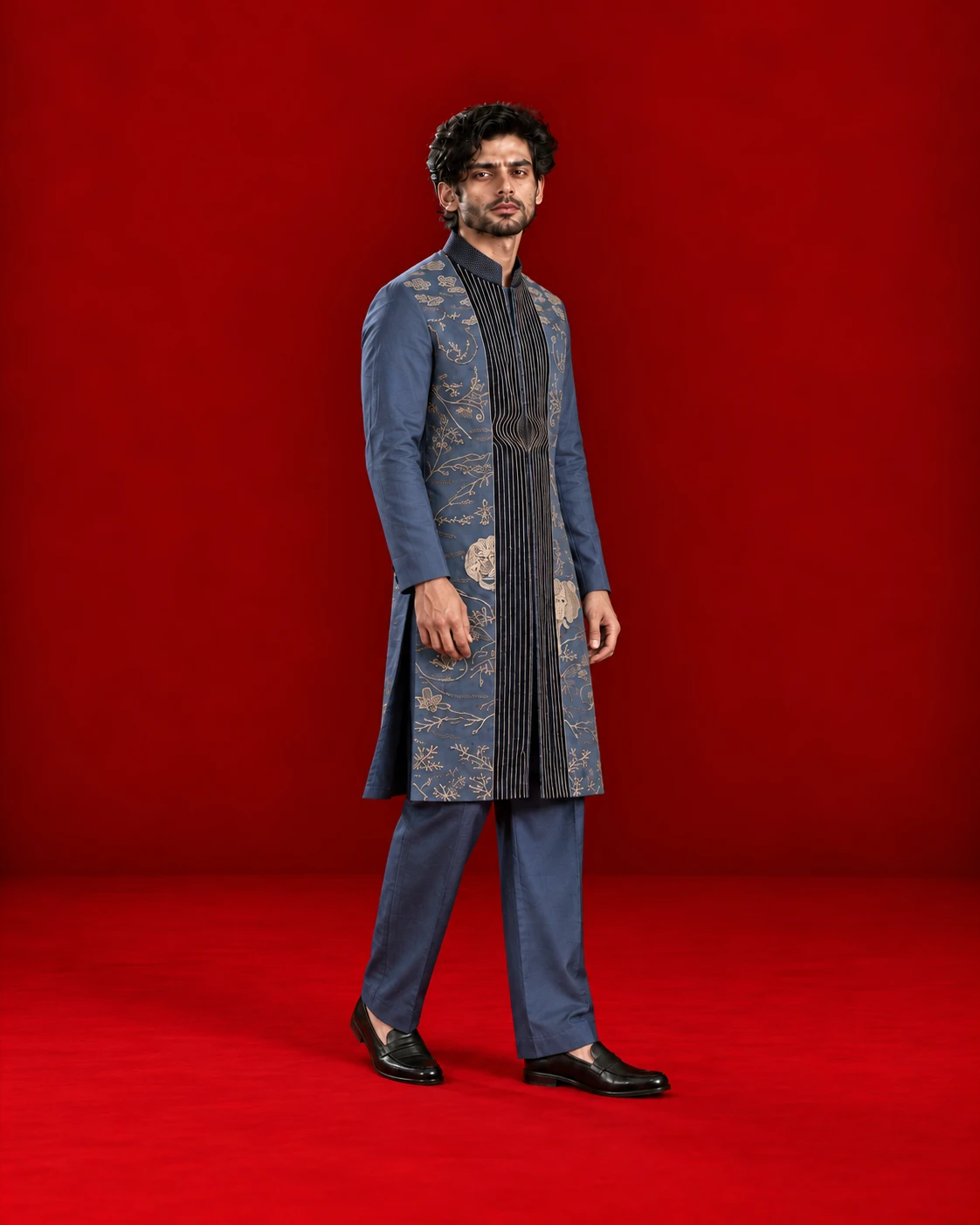 Blue layered Indo-Western ensemble with ornate front panels