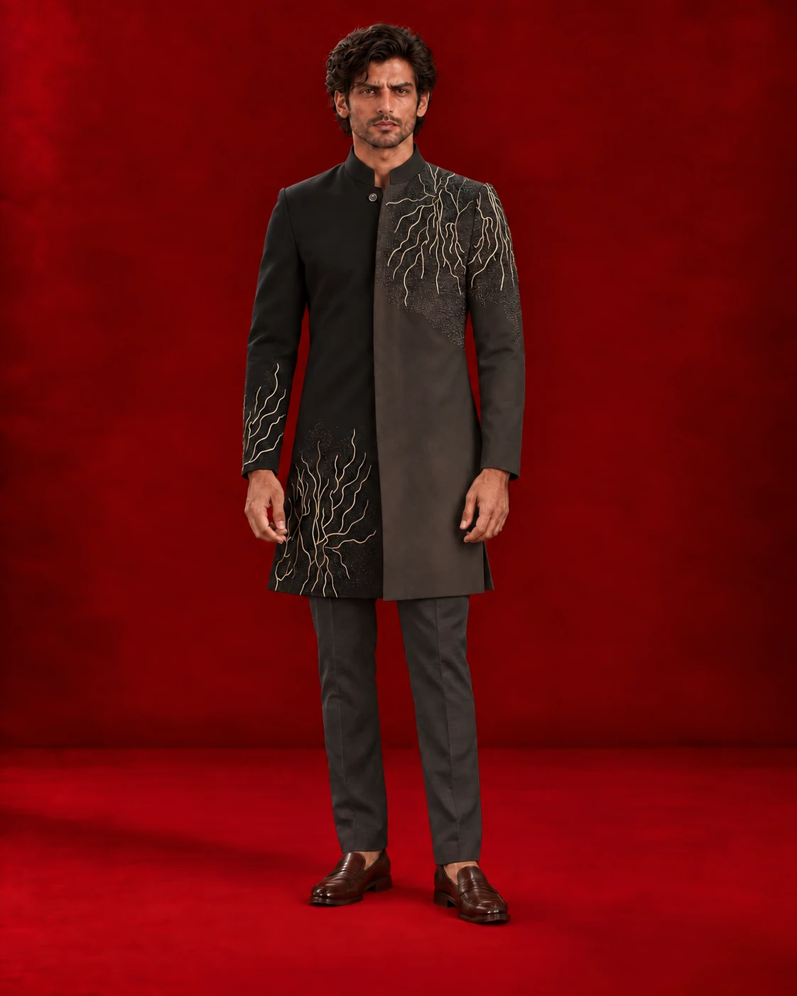 Charcoal Indo-Western jacket with asymmetric decorative motifs