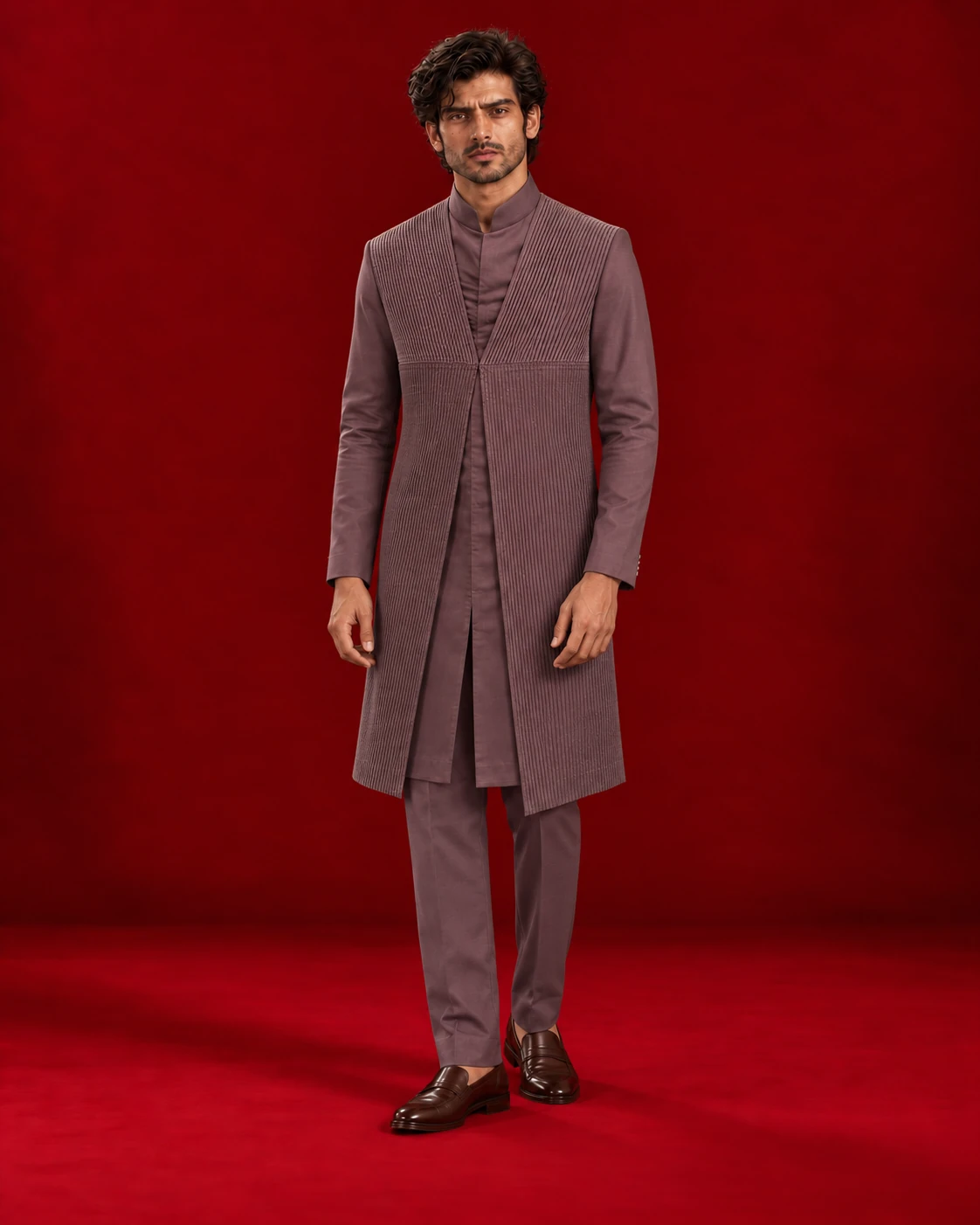 Mauve Indo-Western ensemble with a layered long jacket