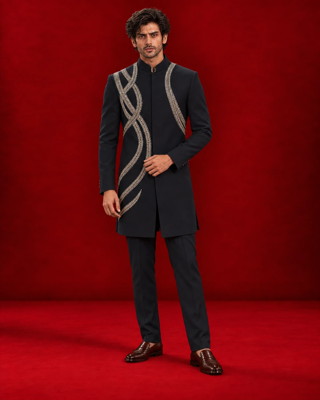 Navy Indo-Western ensemble with sweeping metallic-toned bands