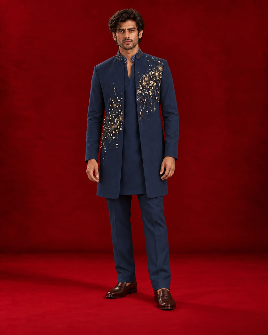 Navy Indo-Western ensemble with floral detailing across the jacket