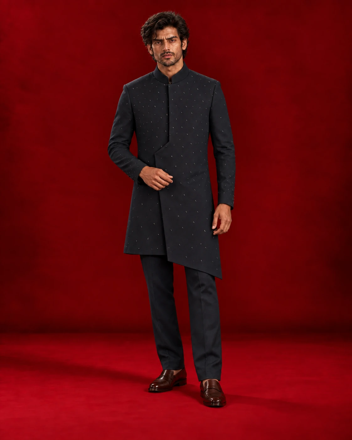 Deep navy Indo-Western ensemble with a clean structured silhouette