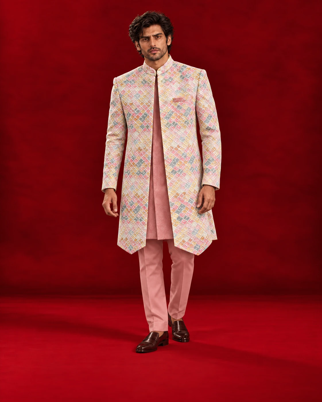 Ivory and blush floral Indo-Western jacket over a rose-toned kurta and trousers