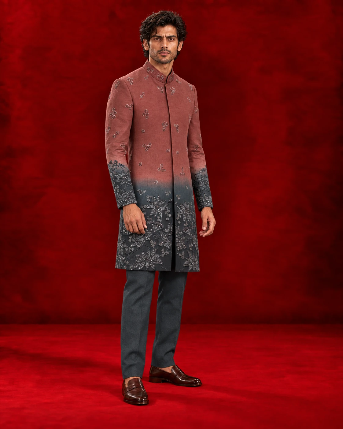 Rose and charcoal ombre Indo-Western ensemble with patterned hem
