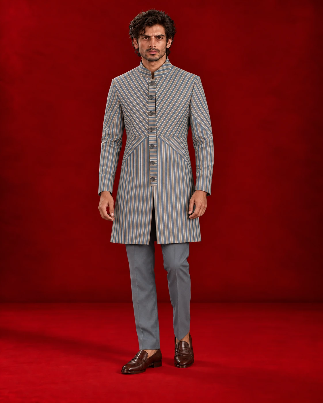 Grey Indo-Western ensemble with fine vertical stripes and a structured long jacket