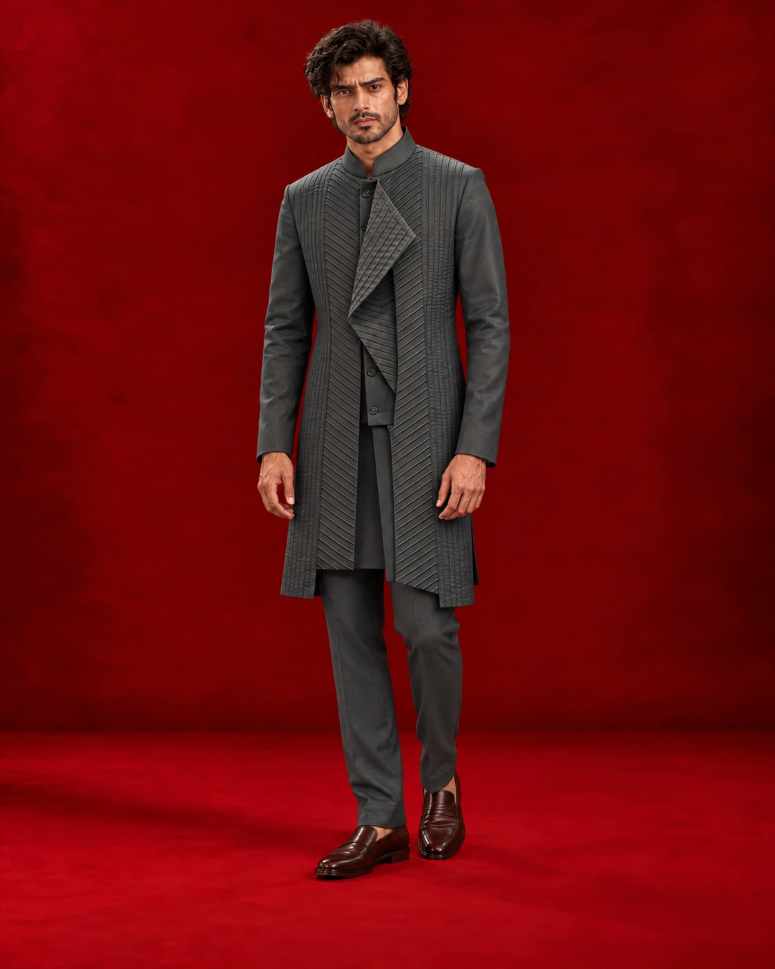 Slate grey Indo-Western ensemble with an asymmetric draped front