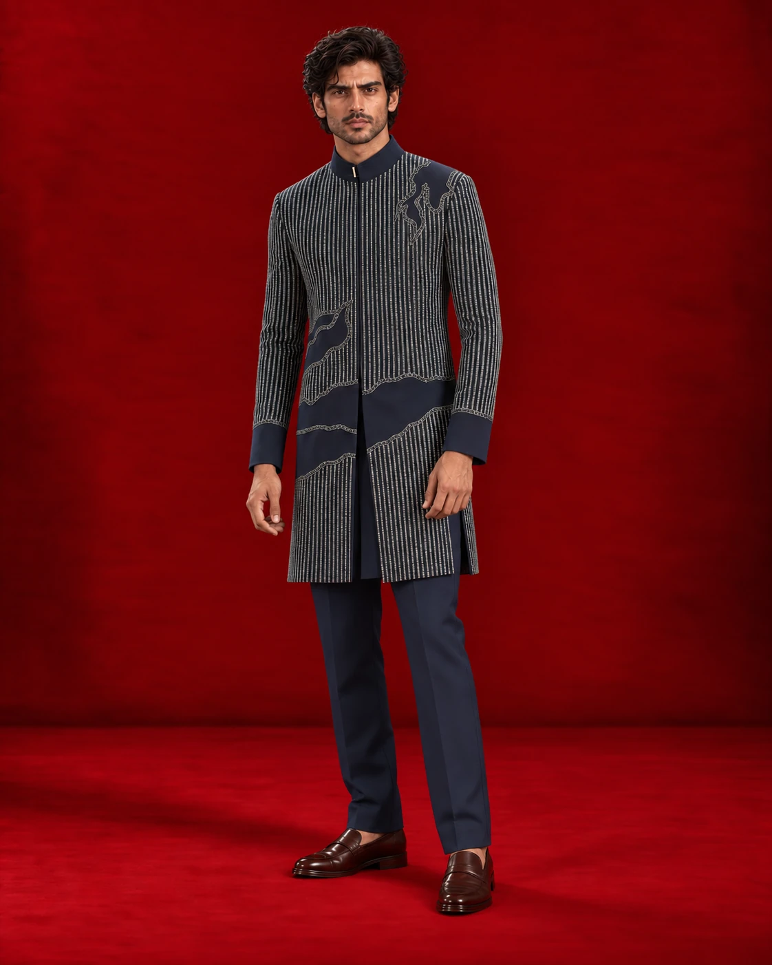 Slate grey Indo-Western jacket with diagonal navy accents