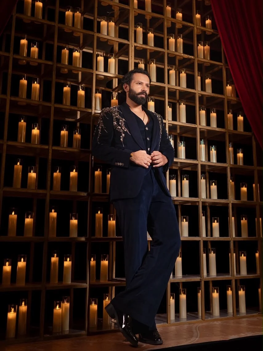 Full-length embroidered evening ensemble by The Man Project