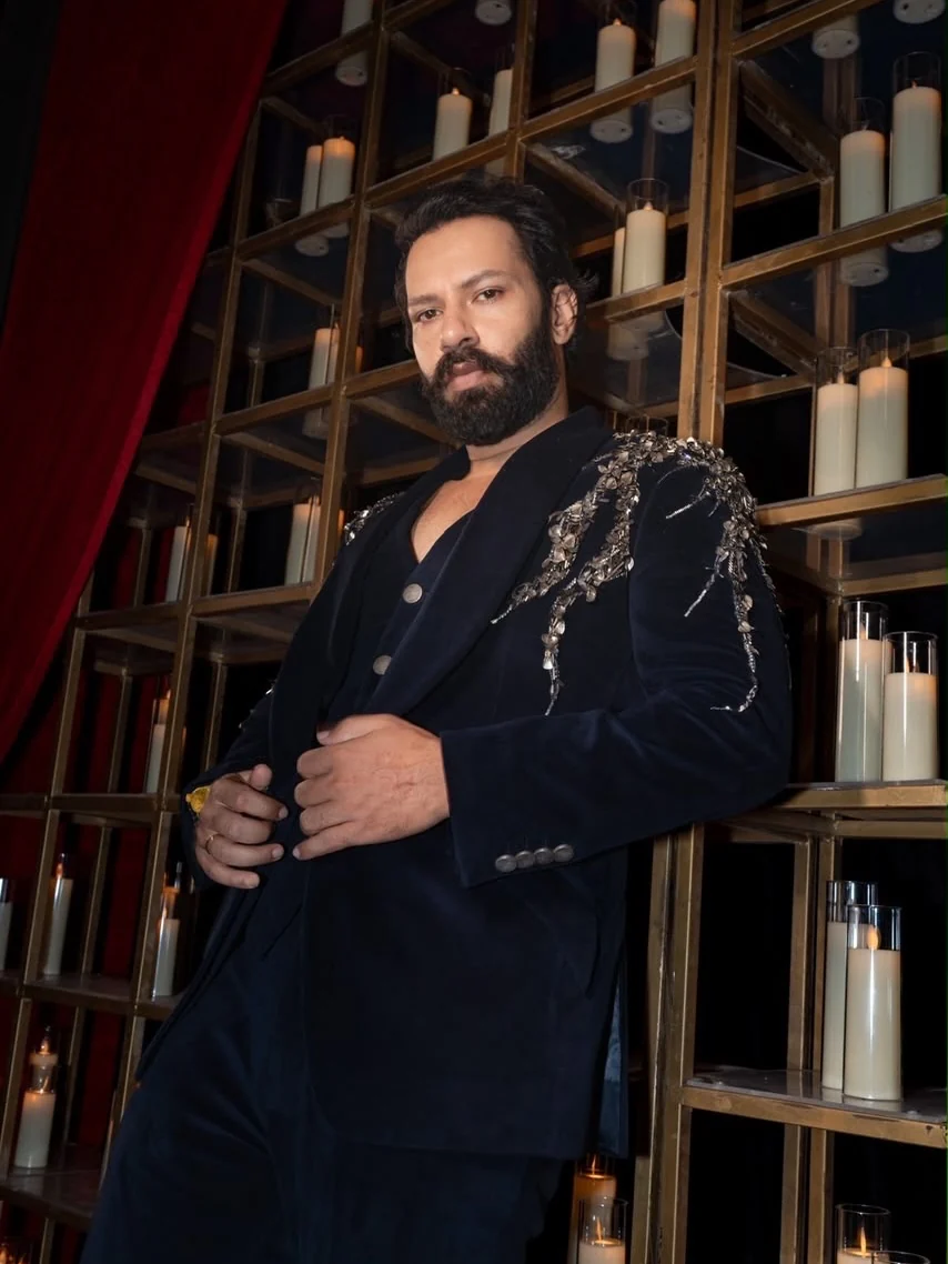 Close view of statement embroidery and tailoring by The Man Project