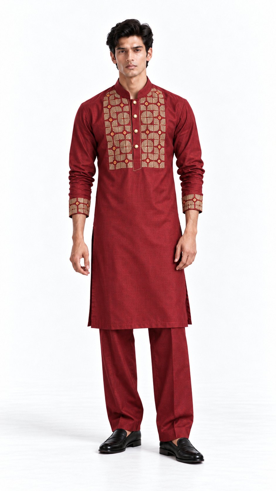 Crimson kurta with gold-toned geometric neckline detailing