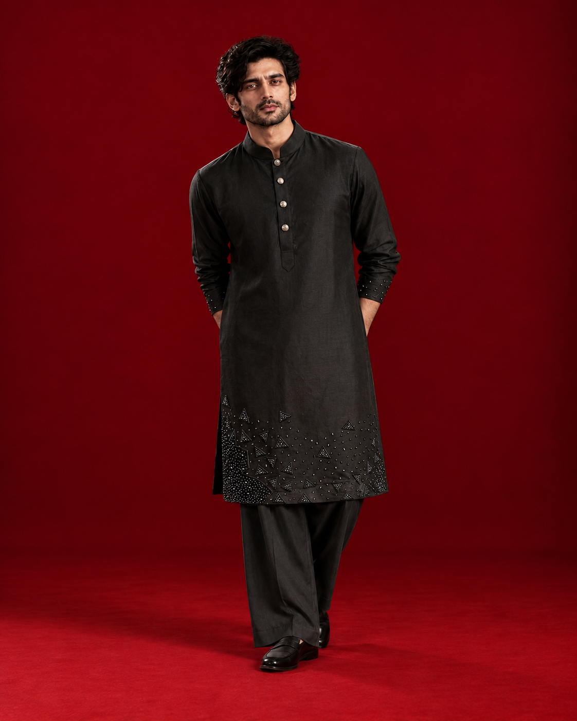 Black kurta with geometric hem detailing
