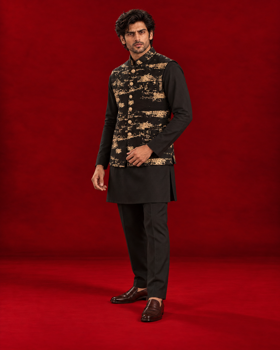 Black kurta ensemble with gold-patterned bandi