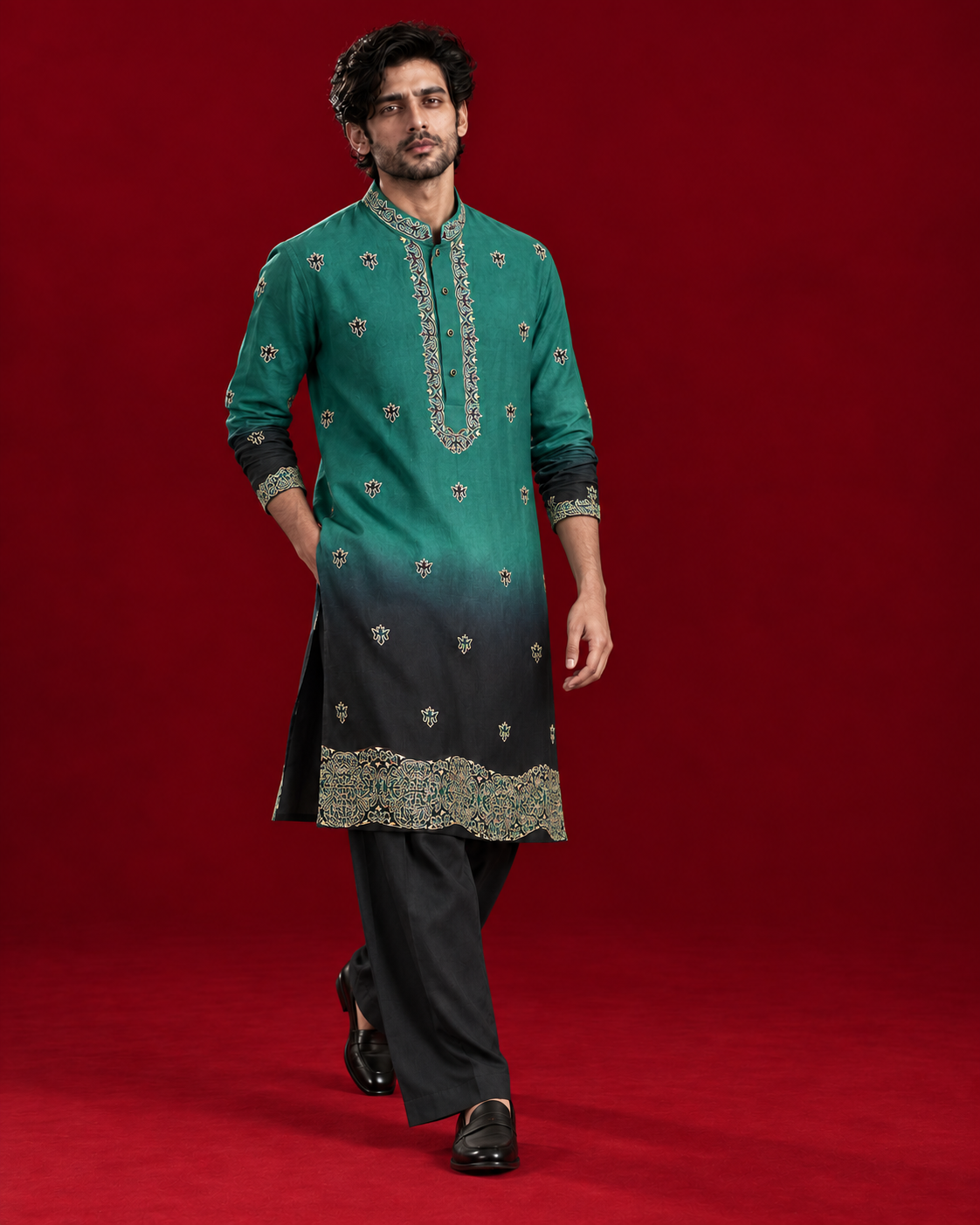 Green and black ombre kurta with ornate borders