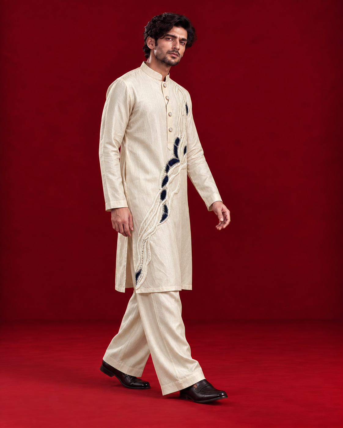 Ivory kurta with flowing navy accents