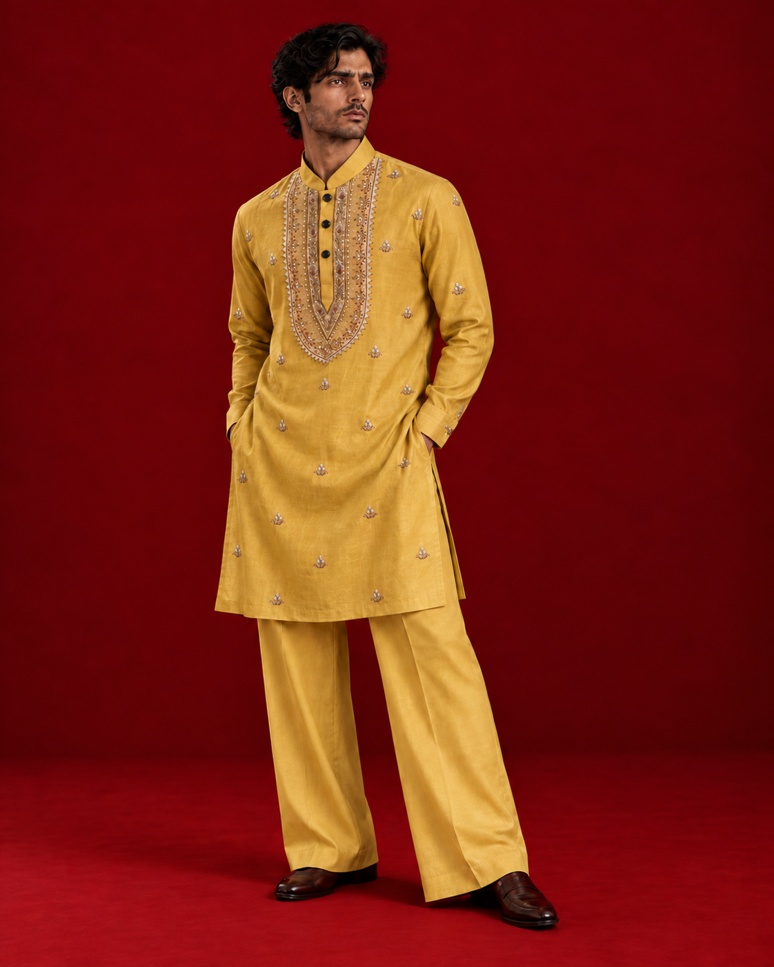 Yellow kurta with ornate neckline