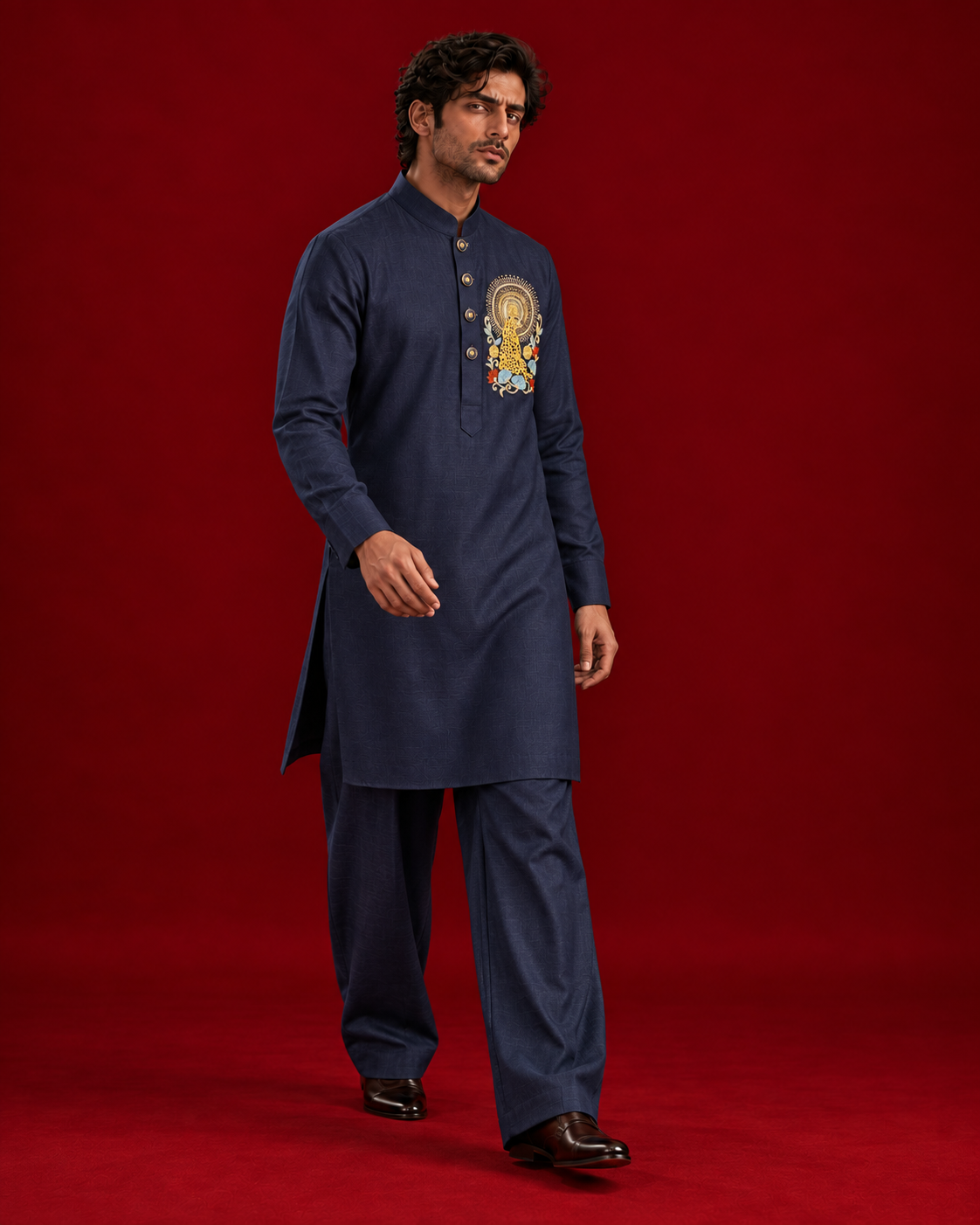 Navy kurta with multicoloured chest motif