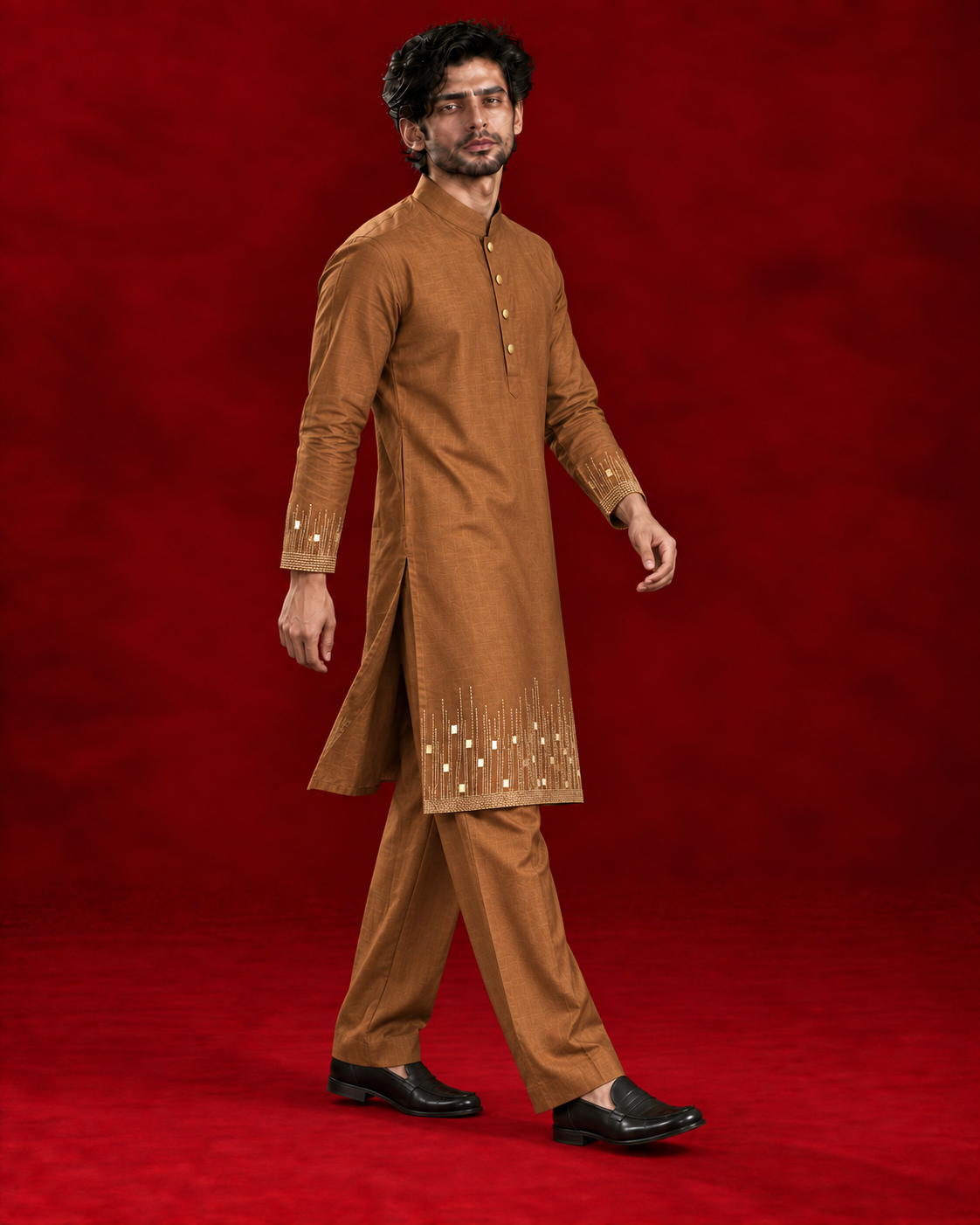 Ochre kurta with embellished cuffs and hem