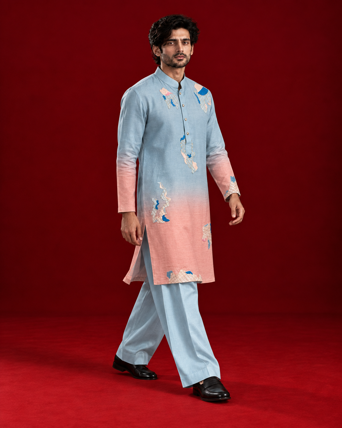 Blue and pink ombre kurta with abstract motifs