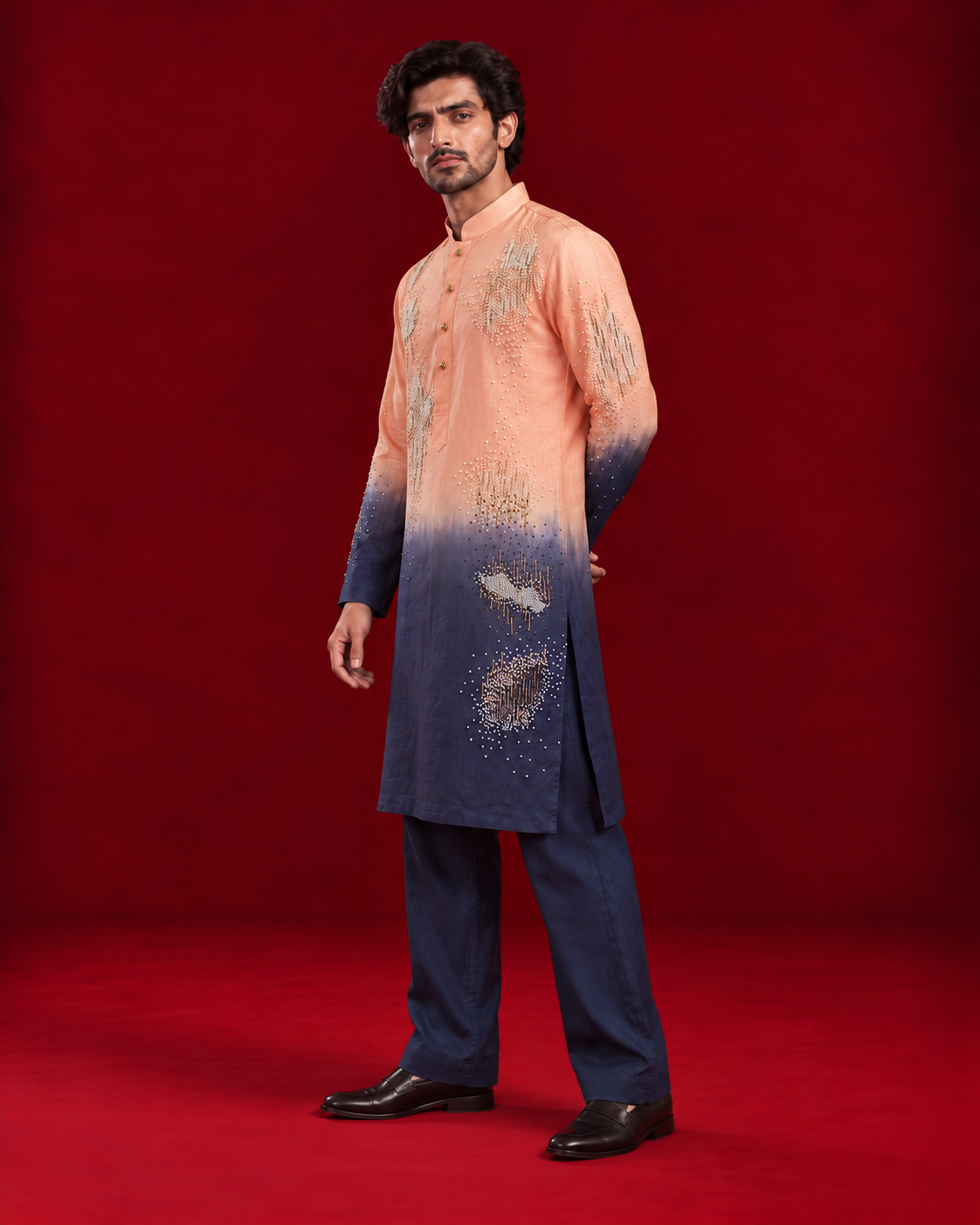 Peach and navy ombre embellished kurta