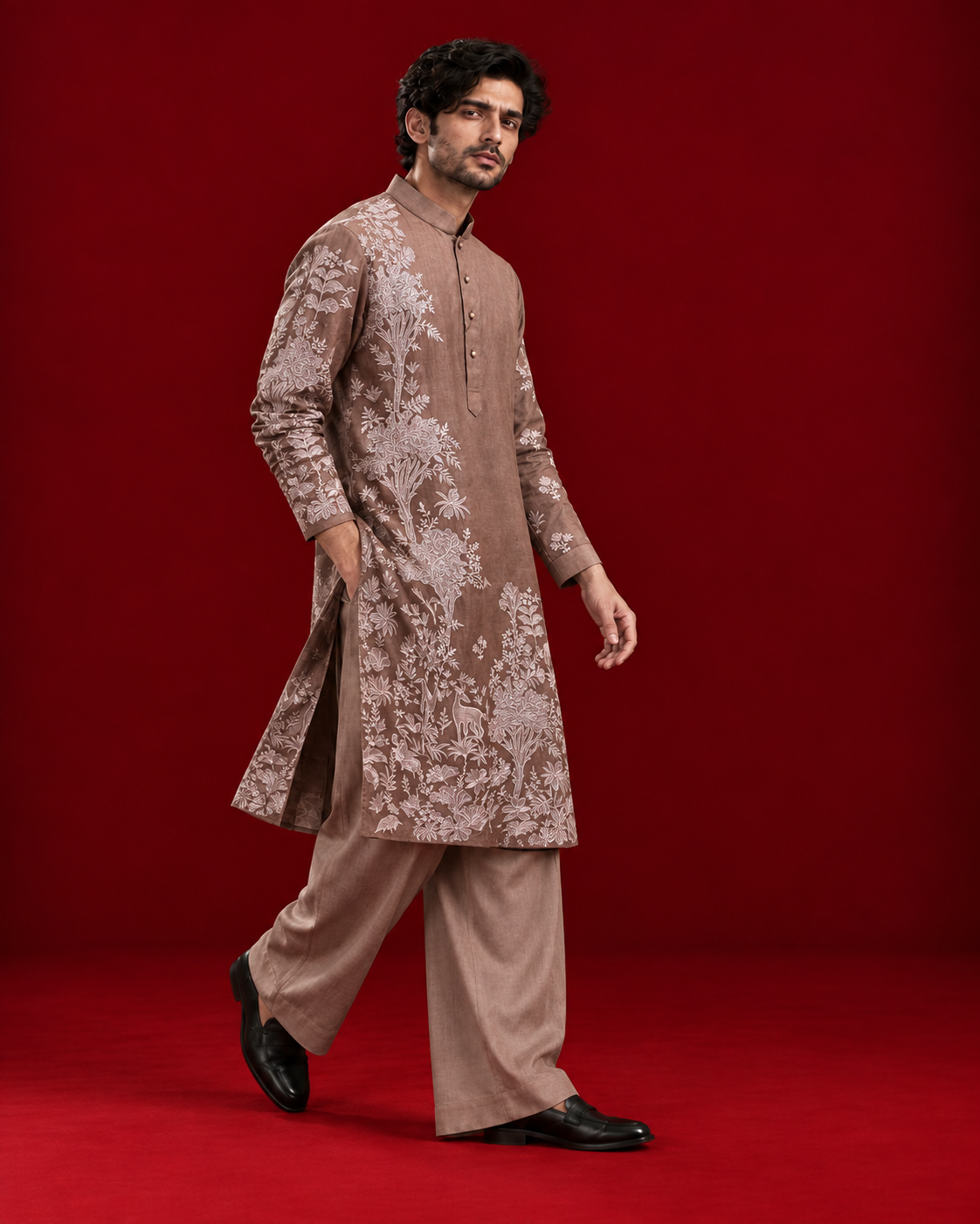Taupe kurta with pale botanical motifs