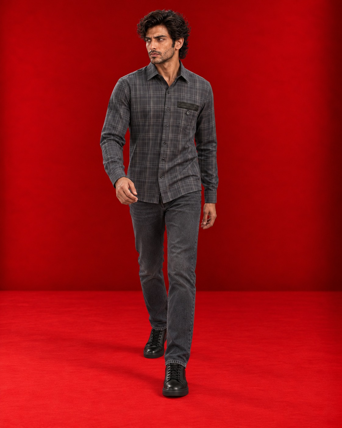 Charcoal checked long-sleeve shirt
