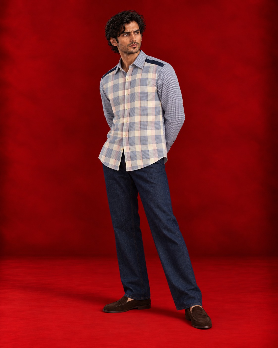 Checked shirt with contrasting blue sleeves