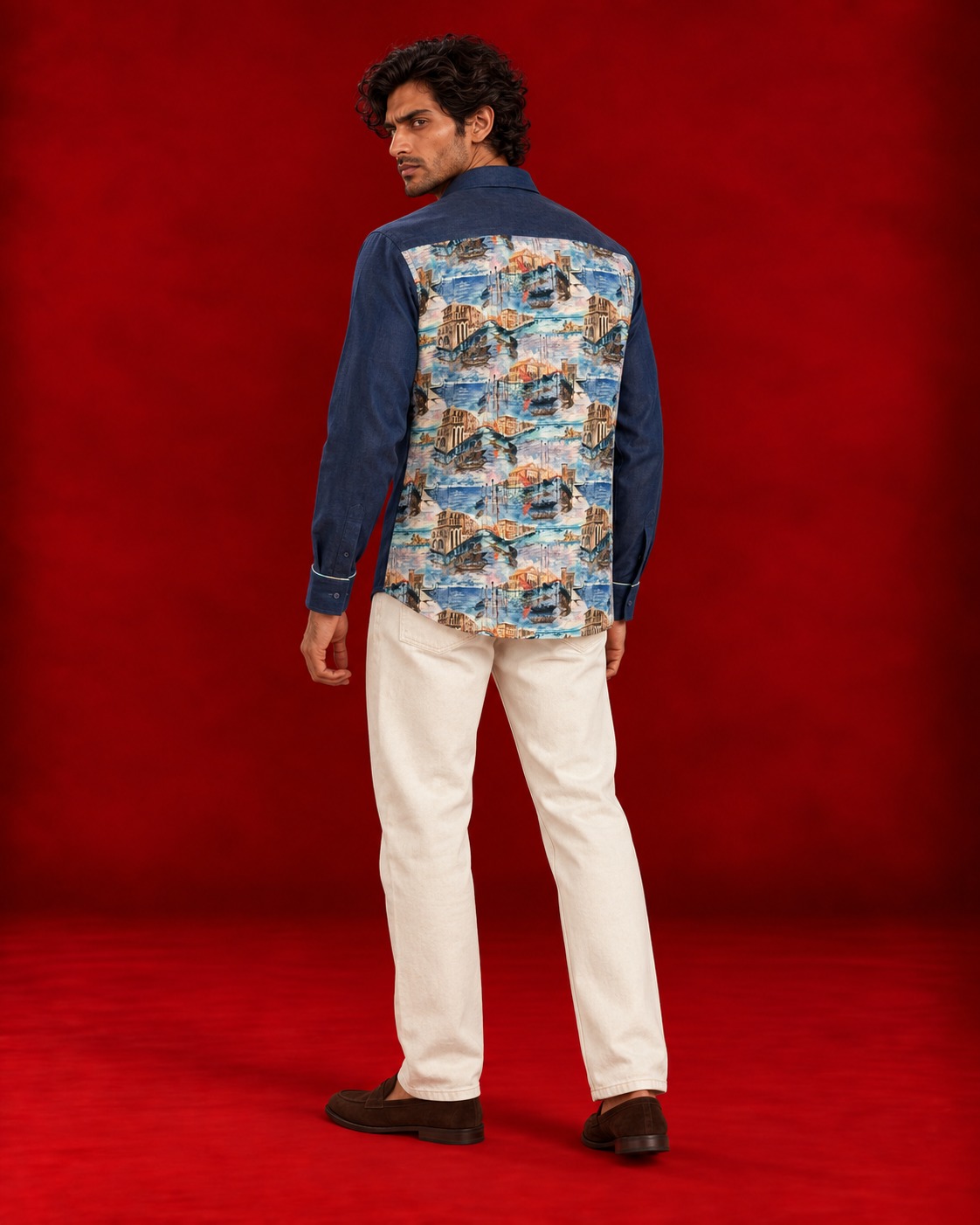 Navy shirt with multicoloured illustrated back panel