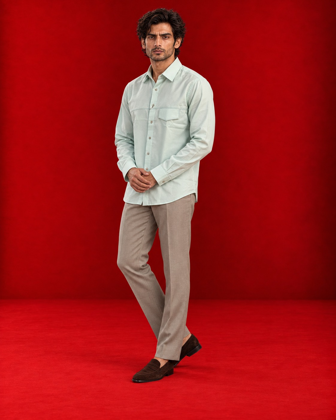 Pale mint long-sleeve shirt with chest pockets