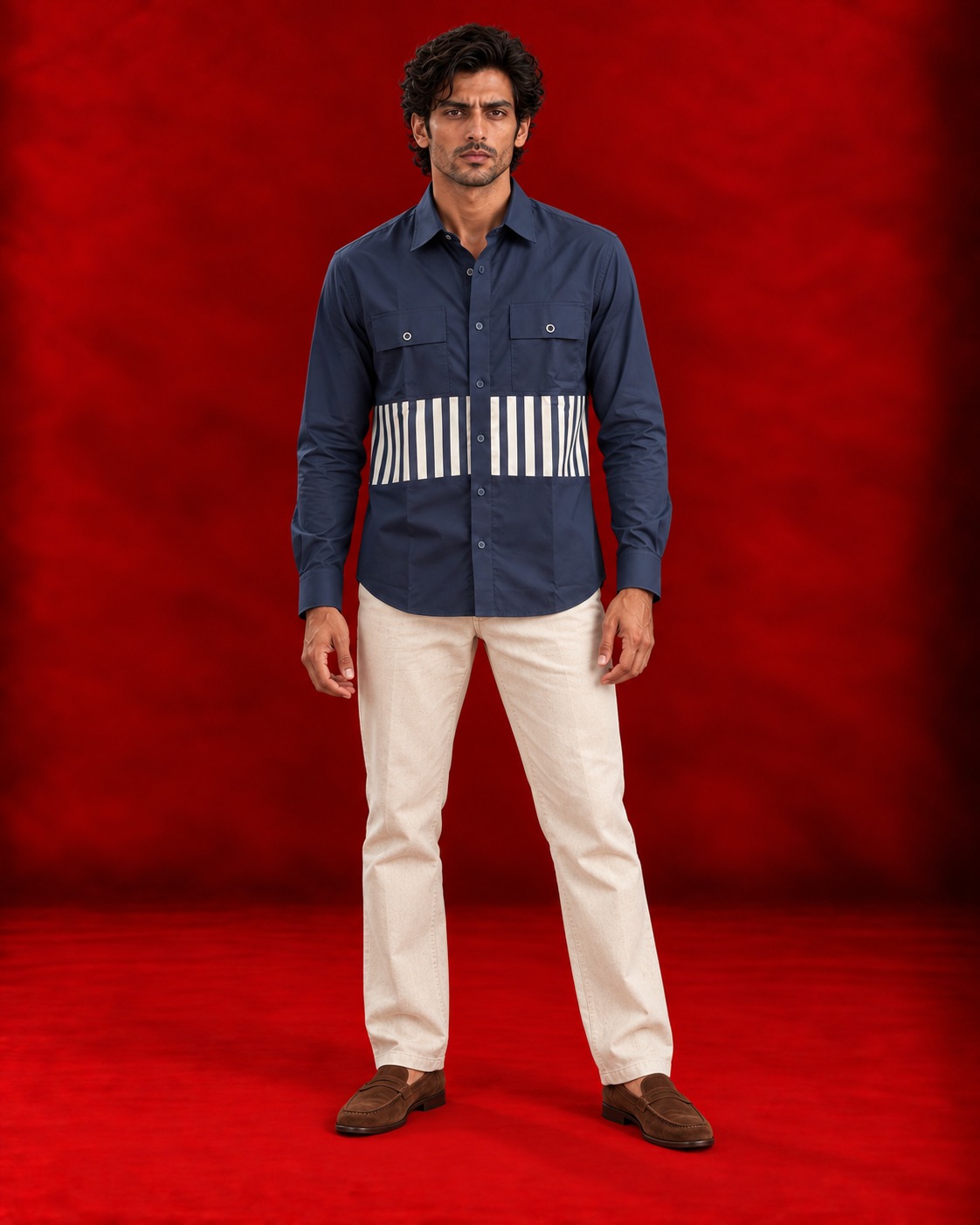 Navy shirt with contrasting striped waist panel
