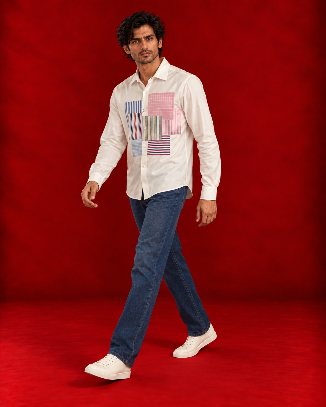 White shirt with pastel patterned panels