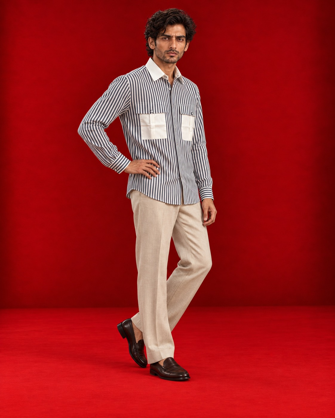 Striped shirt with contrasting white collar and chest pockets