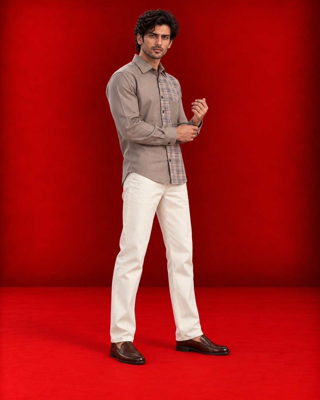 Taupe shirt with patterned front detail