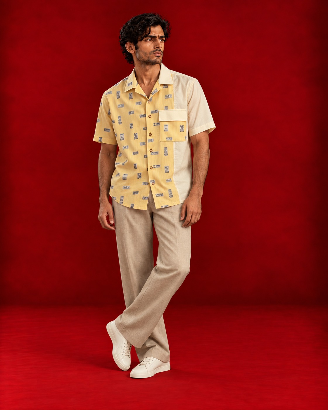 Pale yellow patterned short-sleeve shirt